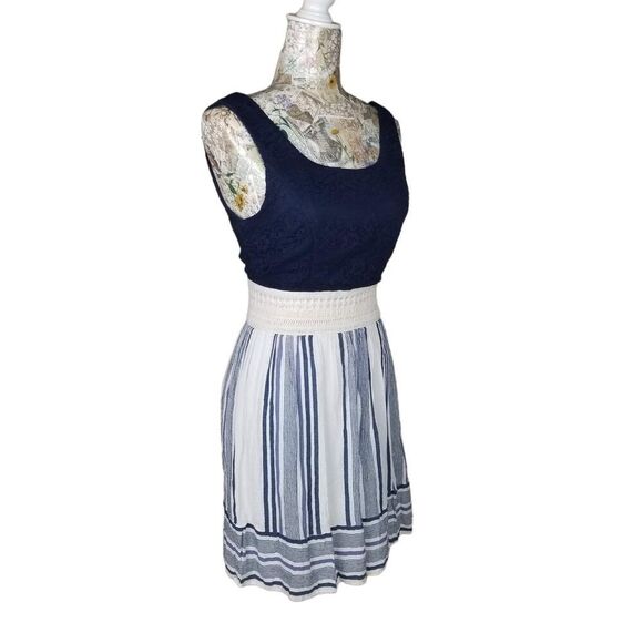 Blue Lace Tank Top Crochet Waist Cotton Blue Striped Tank Sundress Dress - Picture 5 of 9